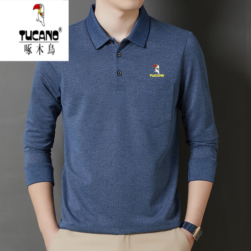 啄木鸟（TUCANO）男装2025新款春秋季中年爸爸长袖t恤男真口袋纯棉男士秋上衣 上青8105 真口袋 M 165 建议95-120斤