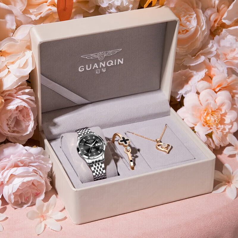 冠琴（GUANQIN）手表男士全自动机械表瑞士名表十大品牌进口机芯夜光防水高端男表 【典藏版】百搭黑色情侣对表【升级进口机芯】