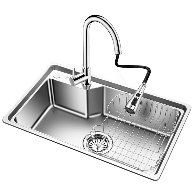 欧琳（OULIN）水槽单槽套餐WGJ312 不锈钢厨房洗菜盆单槽仿手工水槽水池加厚 搭配CFL002精铜抽拉式龙头