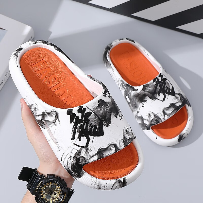 宽绵拖鞋男夏季室内外潮流时尚柔软舒适防滑耐磨外穿凉拖鞋 白橙 正码