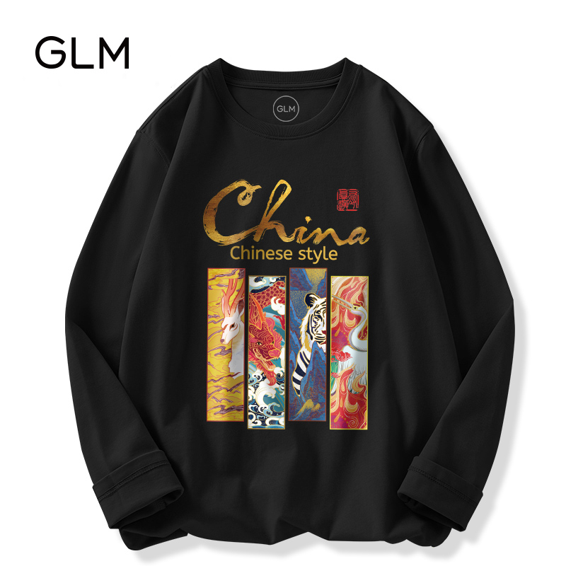 森马集团品牌GLM秋季长袖宽松t恤纯棉男士国潮圆领打底衫衣服n黑/四神兽 XL