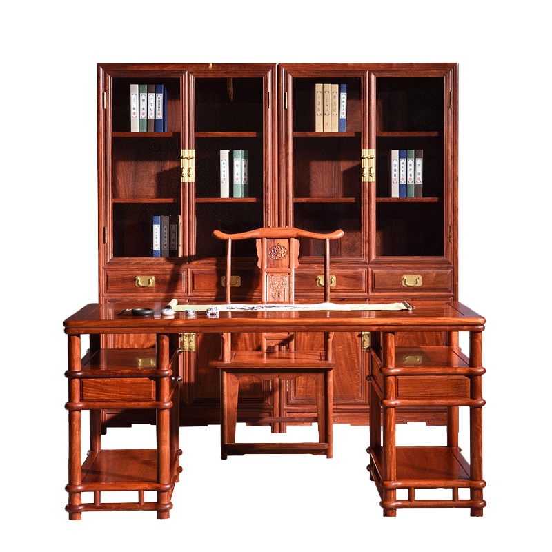木恒盛红木家具缅甸花梨学名大果紫檀明式办公桌椅书柜组合 大果清式办公桌椅