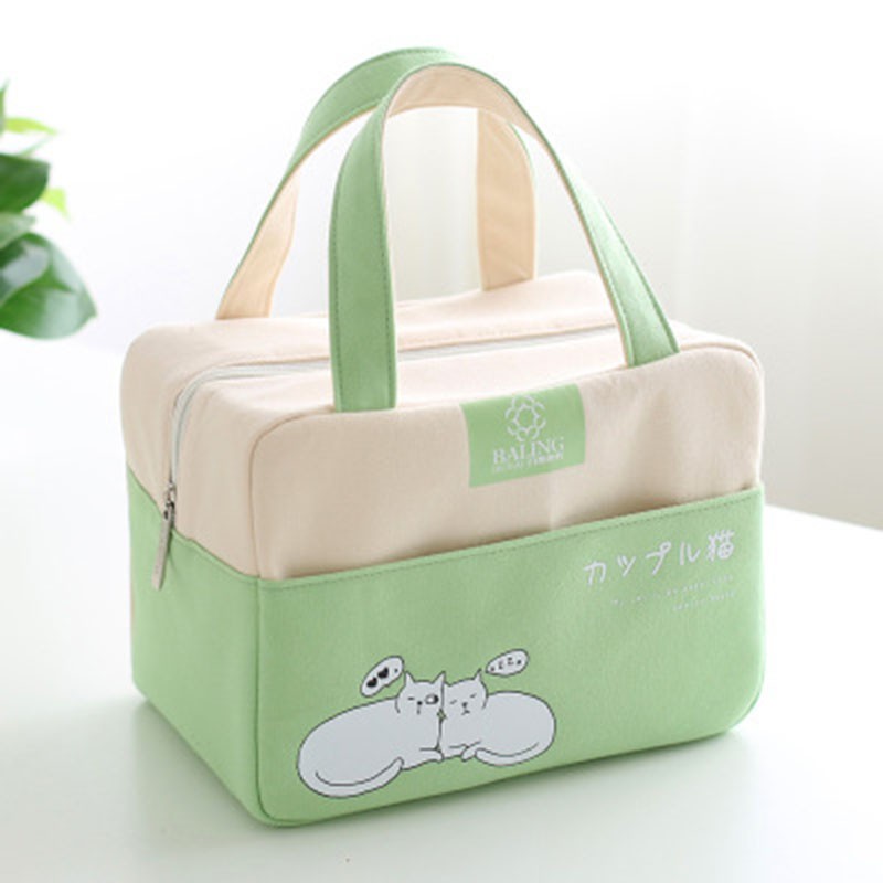 日系饭盒袋手提便当包铝箔可爱女手拎带饭的袋子保温包学生午餐包 绿色