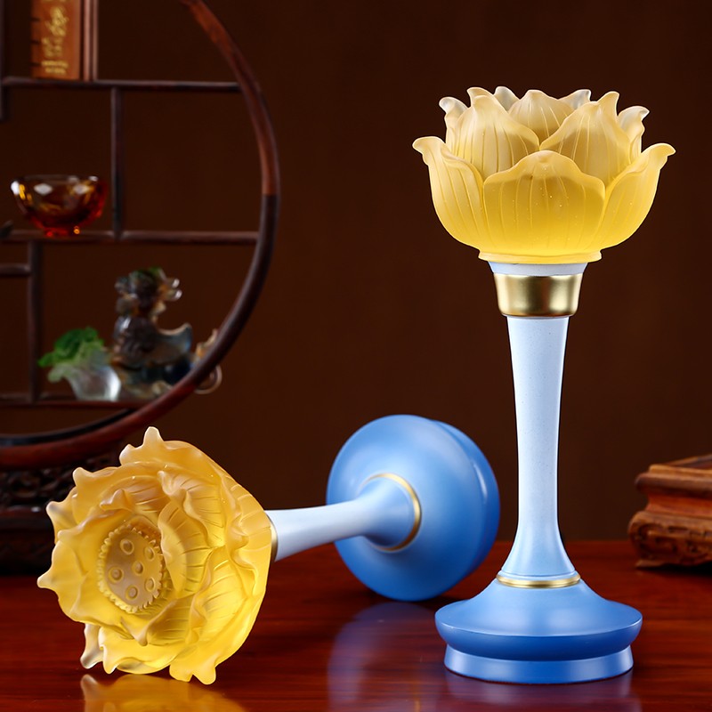 佛前供佛灯莲花灯台湾纯铜琉璃长明灯一对插电家用佛堂摆件七彩变色