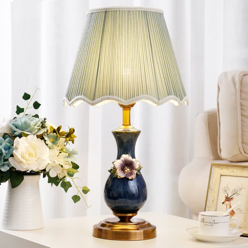 卡希蒂纳欧式复古小台灯卧室床头灯客厅书房美式温馨婚房书桌创意调光装饰 TC004-深蓝珐琅彩+米黄灯罩 遥控开关