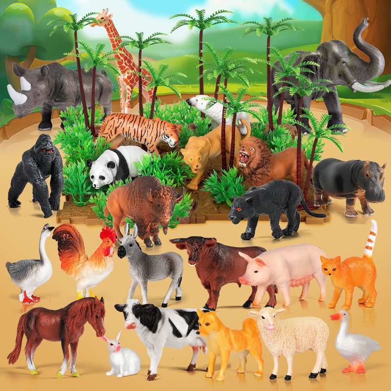 纽奇（Nukied）儿童男孩玩具仿真动物模型农场庄园长颈鹿野生动物园玩具儿童礼物 带场景农场动物56件套(收纳桶)