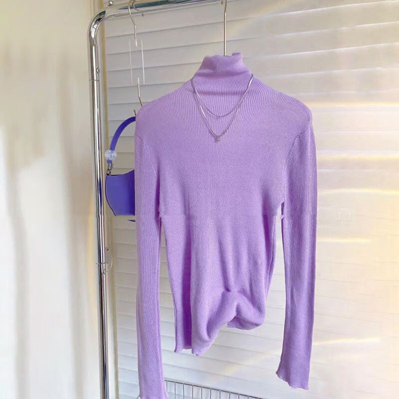 搭一整套大码女装茶系穿搭俏皮活泼针织衫气质名媛风 紫色打底衫单件