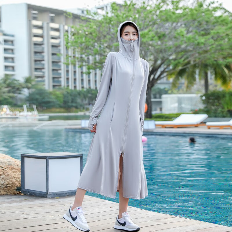 翊尚美長款防曬衣女冰絲2025夏季新款防紫外線全身防曬服連帽長袖騎行 大帽檐灰色【涼感UPF50+】 均碼 【推薦80-140斤】