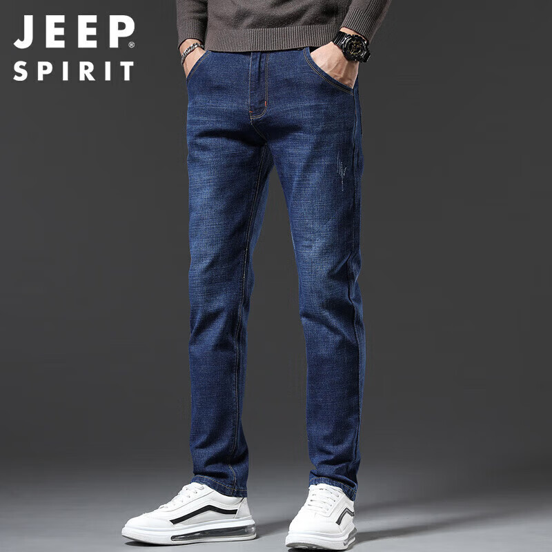 吉普（JEEP）牛仔裤男宽松2022秋冬季休闲裤子男士直筒纯色百搭男裤 蓝色 33