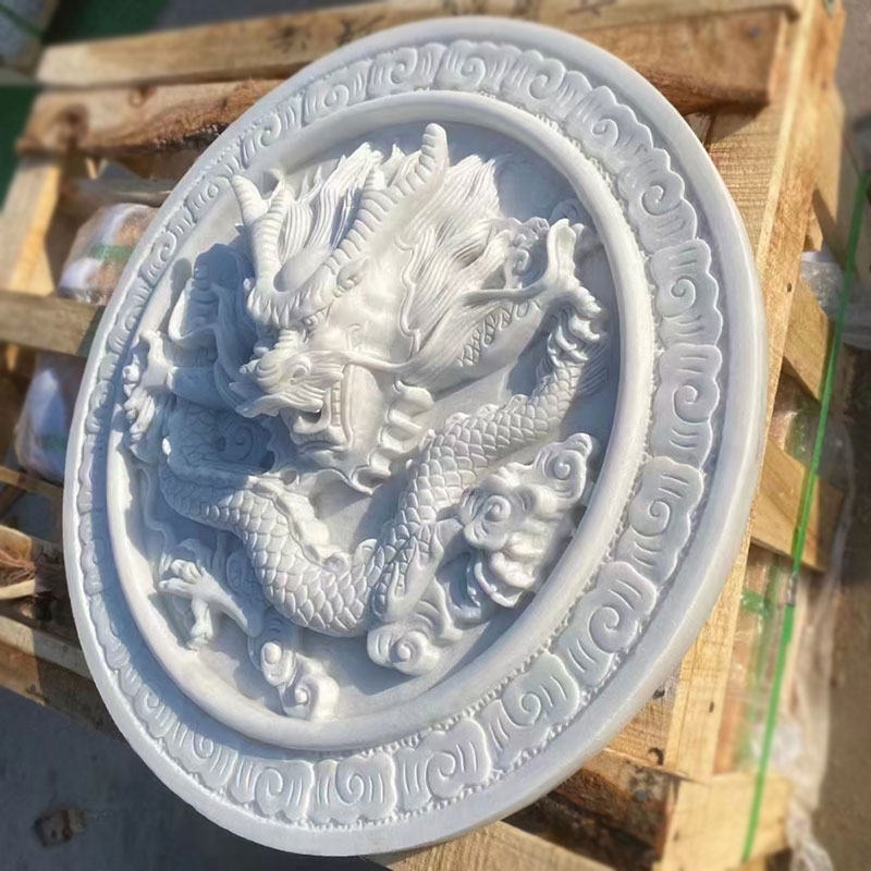 石雕喷水龙浮雕庭院鱼池汉白玉吐水龙头出水口装饰圆形龙壁画挂件