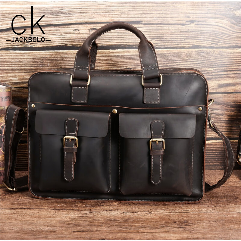 jackbolock商务公文包疯马牛皮男士上班通勤文件袋适用16英寸手提电脑