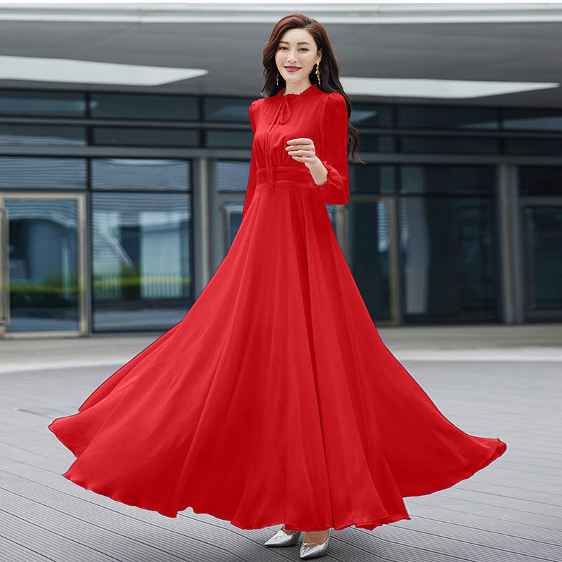 hu)2023新款女长袖系带领纯色雪纺连衣裙修身显瘦沙滩度假长款大摆裙