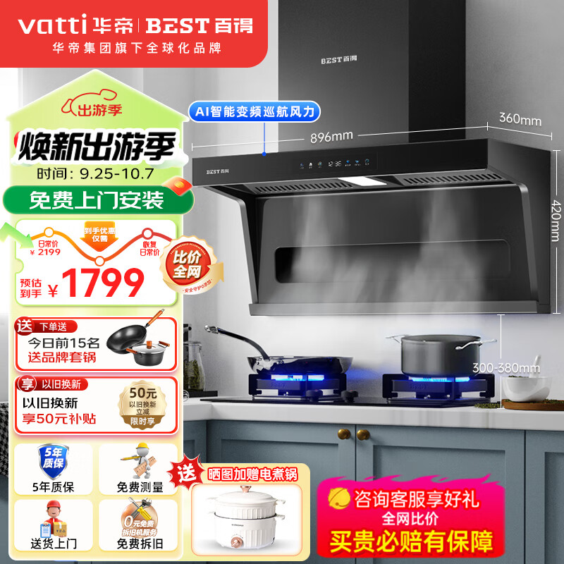 百得（BEST）华帝出品顶侧双吸油烟机大吸力三腔变频抽油烟机25m³挥手感应烟灶联动自清洗吸烟机E712