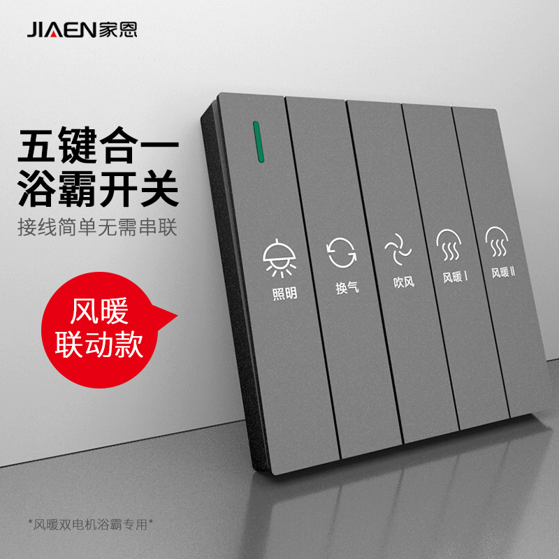家恩(jiaen)灰色五合一风暖浴霸开关 五开联动风暖机开关 浴室大功率