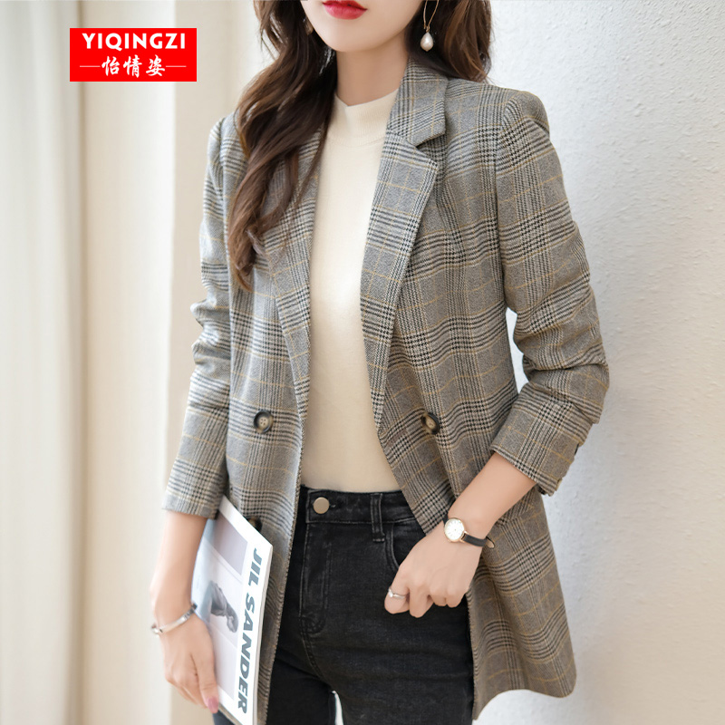 怡情姿  高级感中长款英伦风格子西装外套女春季新款复古时尚气质休闲