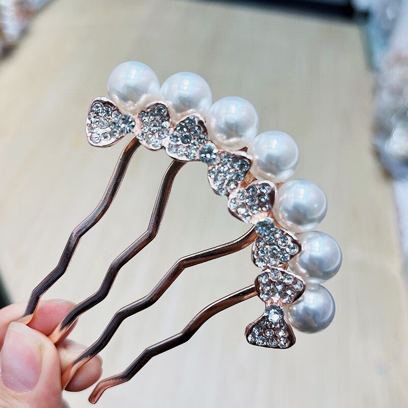 【精选】金属插梳气质蝴蝶高亮珍珠发梳盘发夹头饰 领结白色