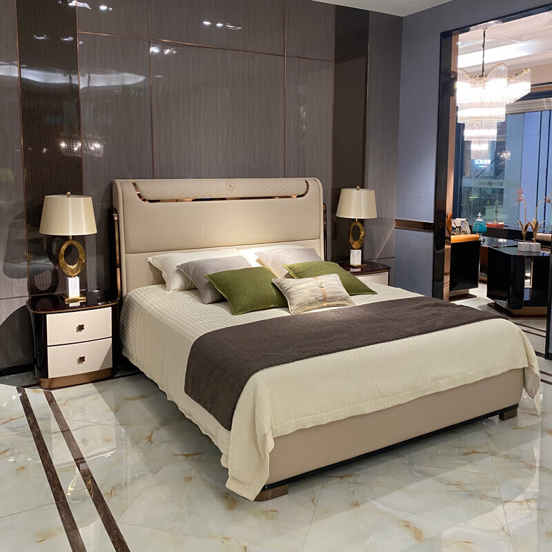 丘林瑟意式轻奢实木皮床别墅套房卧室后现代极简婚床主卧双人大床