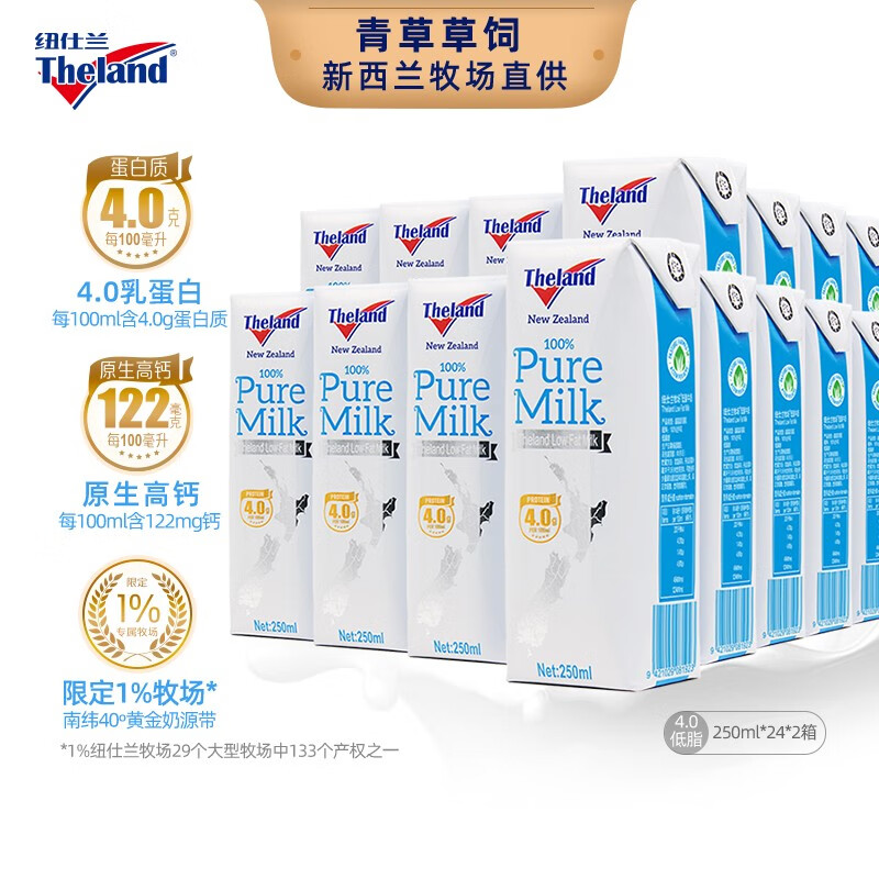纽仕兰（Theland）新西兰进口4.0g蛋白质低脂牛奶 250ml*24*2箱成人学生高钙纯牛奶 低脂 250ml