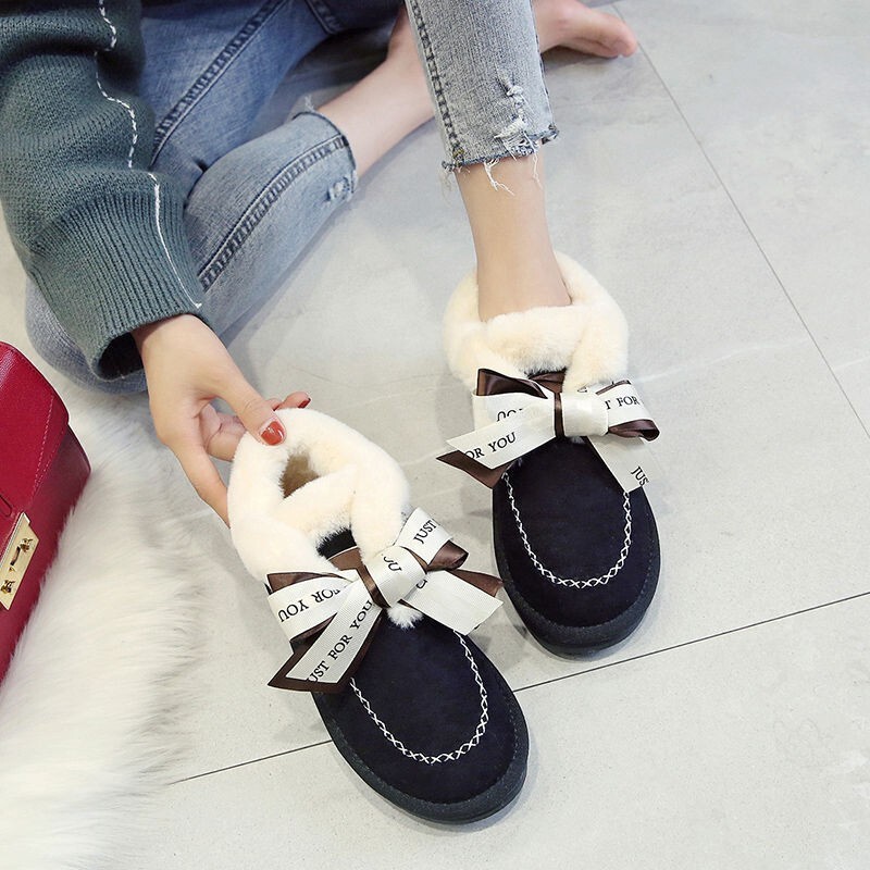 新款加绒雪地靴厚底冬季保暖小香风蝴蝶结棉鞋加厚百搭靴子甜美可爱女