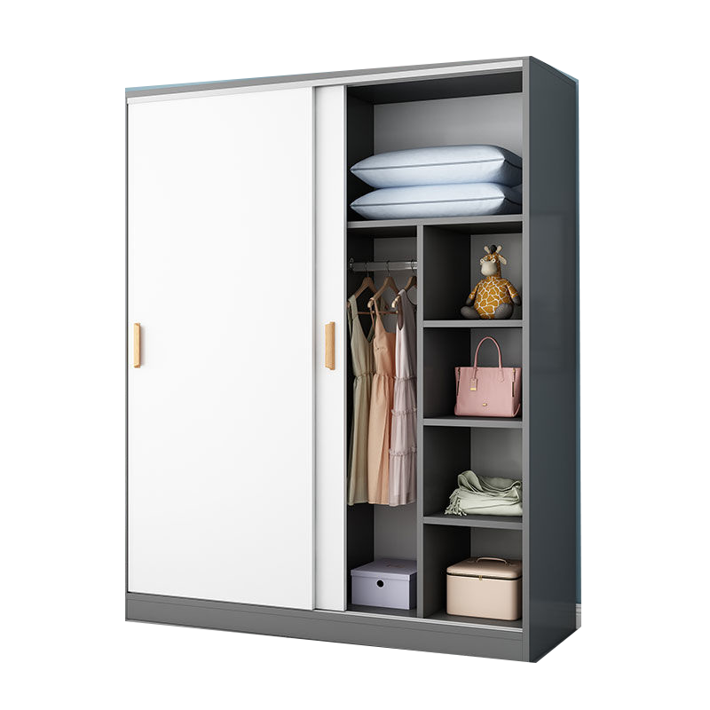 衣柜推拉门简约现代家用家具简易衣橱实木板式柜子储物柜出租房用 优雅灰+白门160*180*50