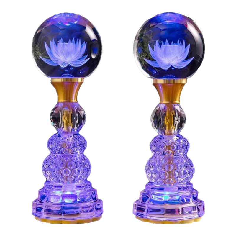 供奉仙家仙字招財款水晶蓮花燈佛供燈七彩佛燈長明燈荷花燈led插電款家用供觀音財神擺件琉璃供臺燈燭臺燈 【蓮花款】黃色光 小號 高度12.5cm