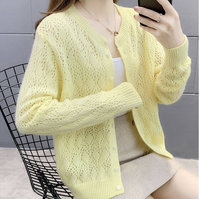 记述2023新款镂空毛衣外套女士薄款女装上衣新款针织开衫 黄色 #m