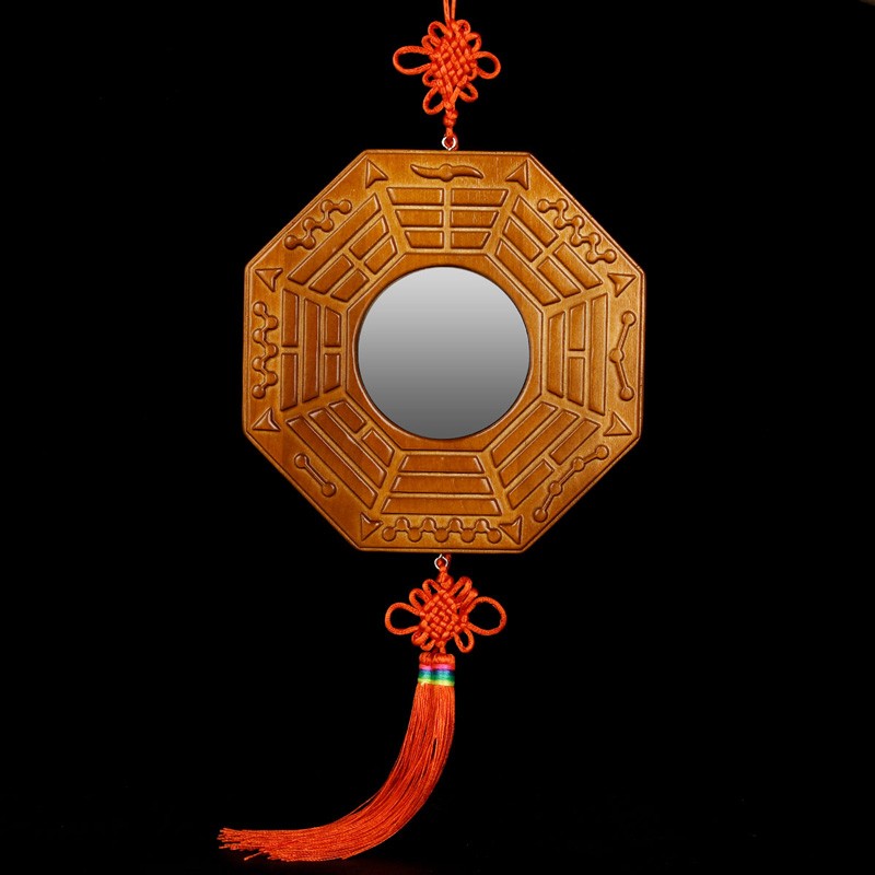风水阁桃木八卦镜凹凸镜家用大门口九宫太极图平面镜摆件 直径19cm