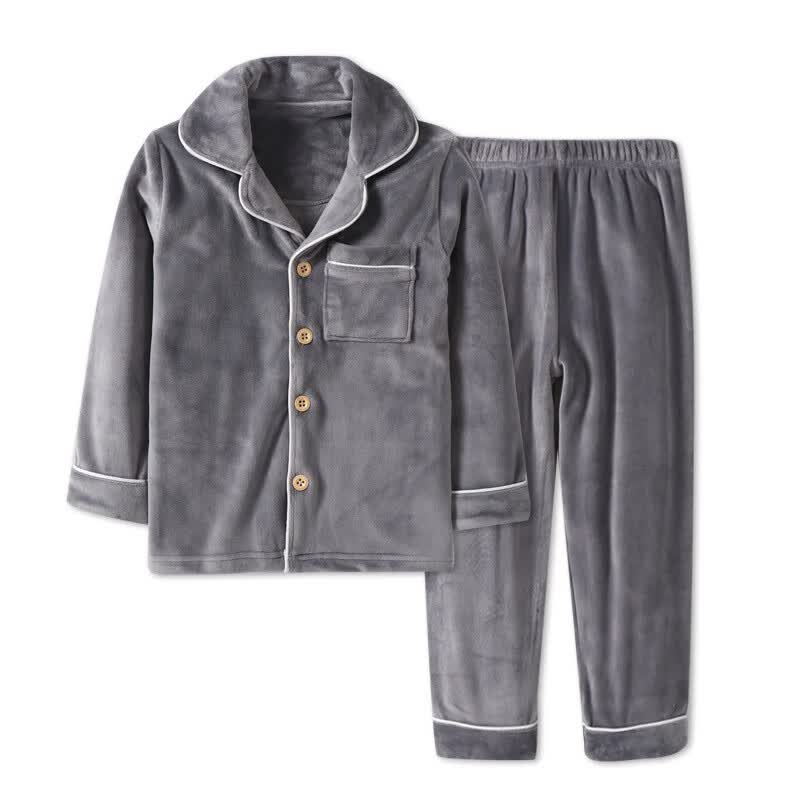 珊瑚绒睡衣法兰绒套装秋冬款男童女童加绒加厚家居服宝宝冬装 灰色