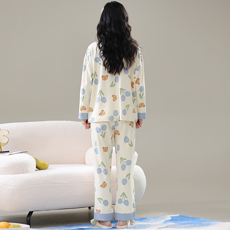 猫人仿棉舒适睡衣女自带胸垫春秋新款长袖开衫 可外穿家居服套装 彩色郁金香【 自带胸垫】 L
