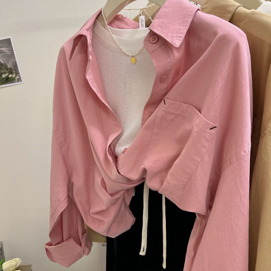 婵栩藕粉色外套牛仔2023春装女装外搭叠穿粉色衬衫女长袖设计感小众衬