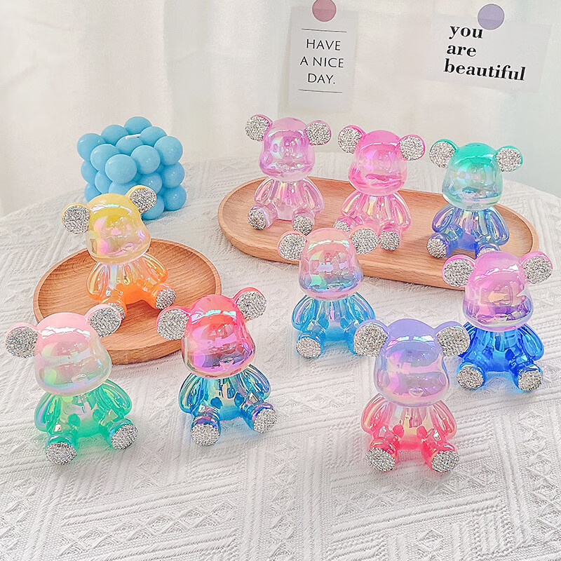 新款创意透明树脂彩色电镀小熊镶钻可爱暴力熊汽车客厅装饰摆件潮 紫粉色 7cm