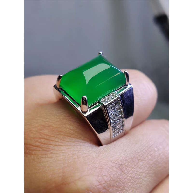 snqp绿戒指缅甸翡翠老坑冰种阳绿色翡翠男款方形大925银镶嵌 25银镶嵌