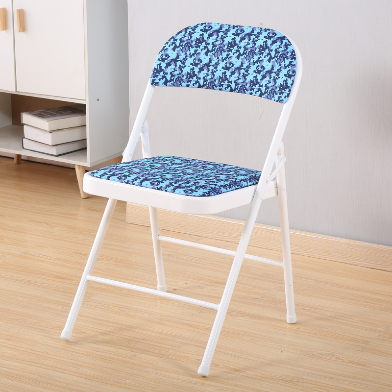 简易凳子靠背椅家用折叠椅子便携办公椅会议椅电脑椅座椅宿舍椅子 白色 腿蓝迷彩布面