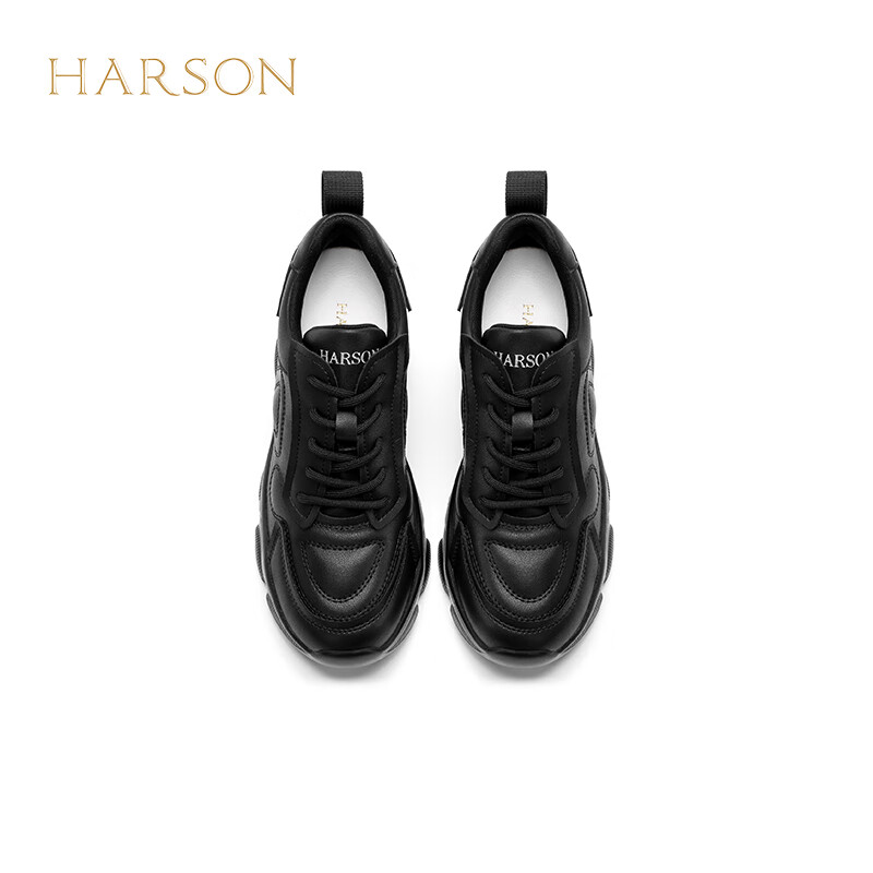 哈森女鞋专柜同款厚底增高休闲鞋四季运动鞋女鞋可选加绒HC242902 黑色 34