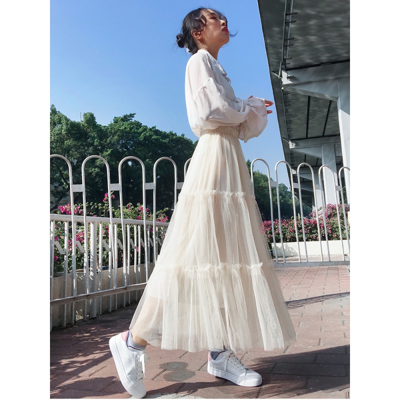 妙微熊夏季纱裙女半身裙网纱裙子脚踝款春秋 杏色 s