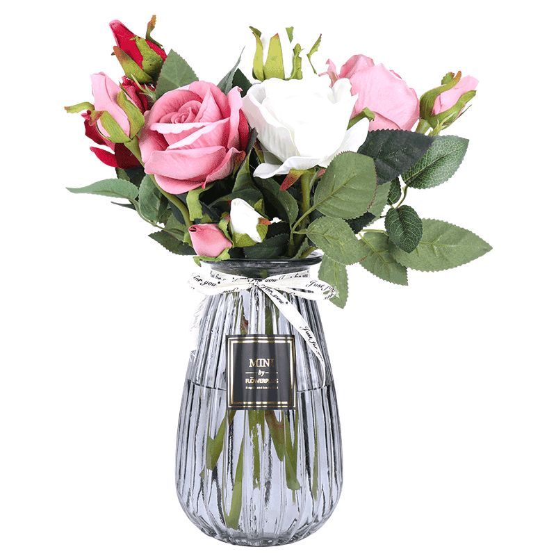 盛世泰堡 花瓶 玻璃花瓶客厅摆件 北欧透明水培干花插花桌面装饰 竖棱款