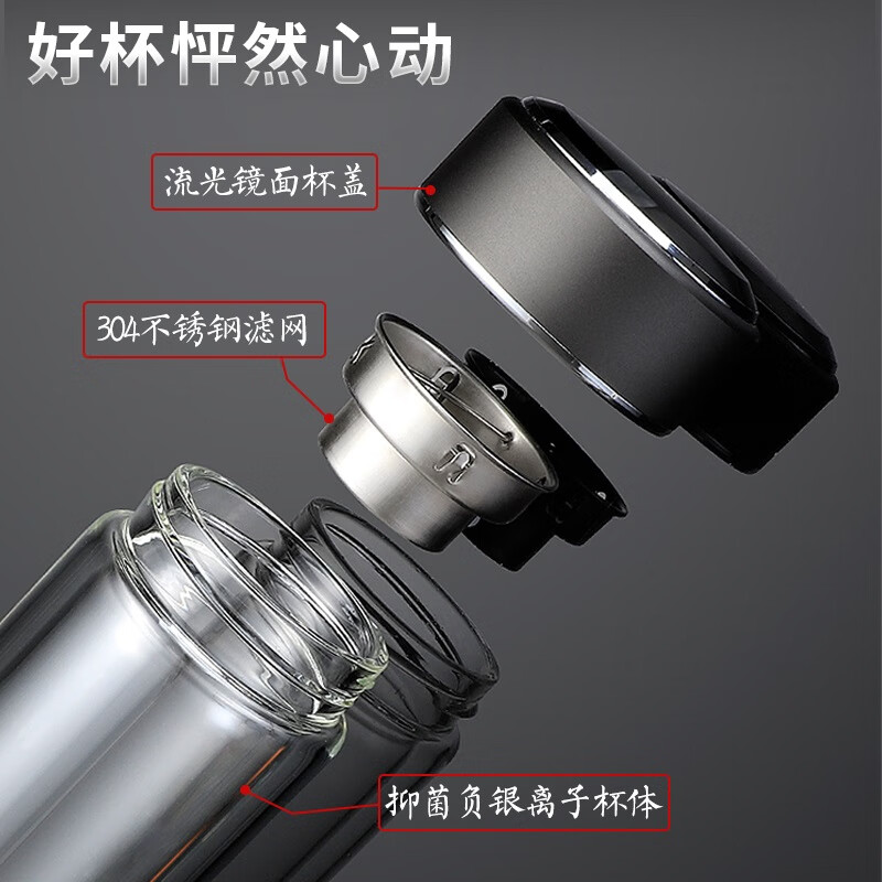 格亚(GEYA)Ag+银离子抗菌杯双层玻璃杯 抑菌杯玻璃茶杯玻璃水杯子定制礼盒装 黑色【高档礼盒】400ml