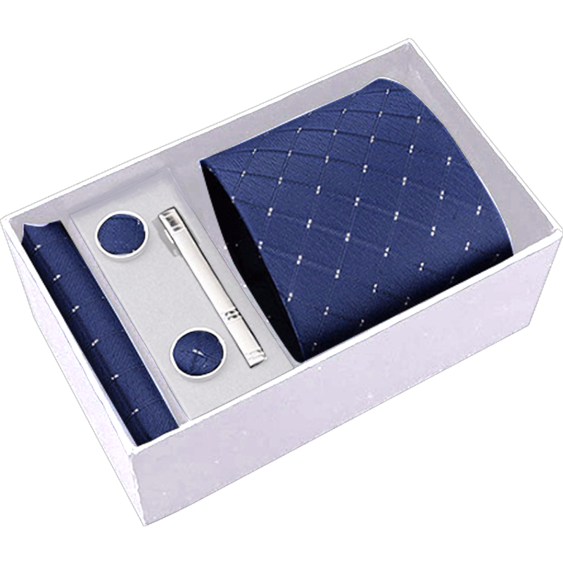 GLO-STORY領帶男士套裝8CM商務正裝袖扣口袋巾領帶夾禮盒裝 寶藍格子