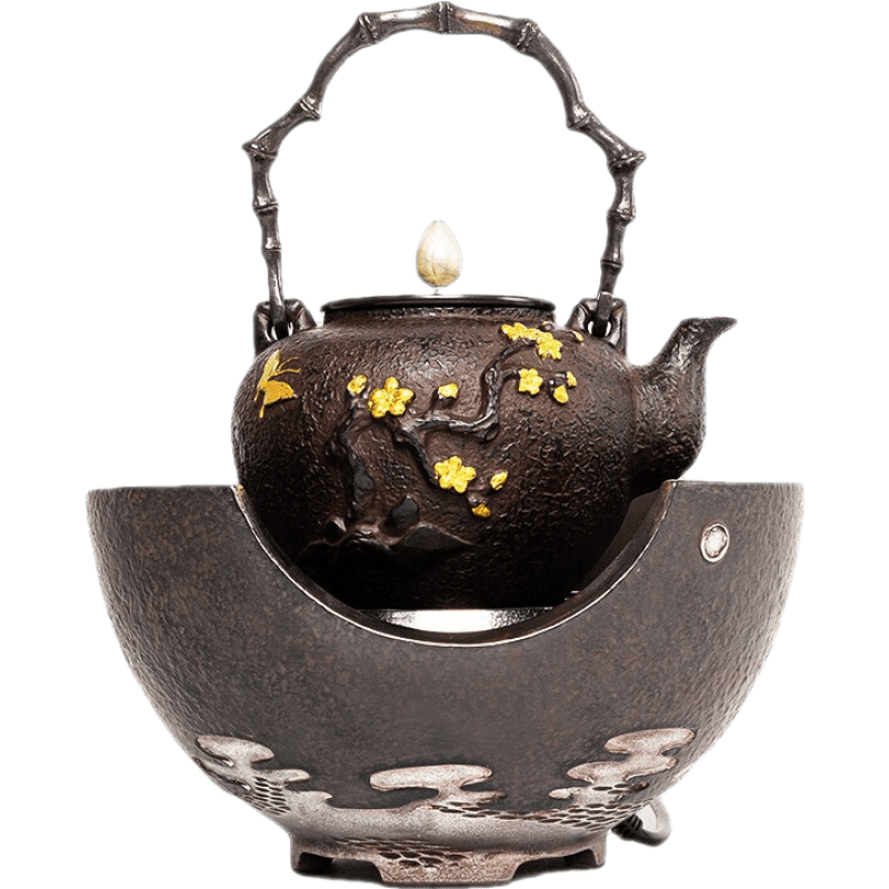 伊藤松秀鐵壺日本茶壺原裝進口煮茶器無涂層砂鑄鐵壺煮茶爐泡茶器煮茶壺 金梅謙竹-鐵包銀觀山套裝
