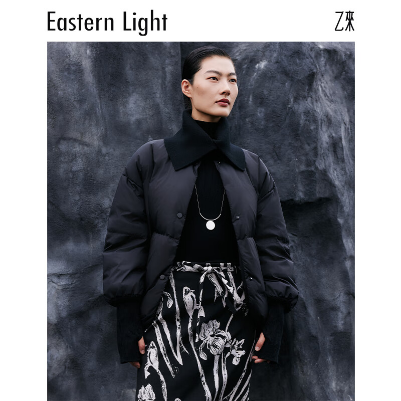 乙来（EASTERN LIGHT）【甄选90大朵白鸭绒】羽绒服女装冬季短款厚上衣外套新年战袍 优雅黑 L