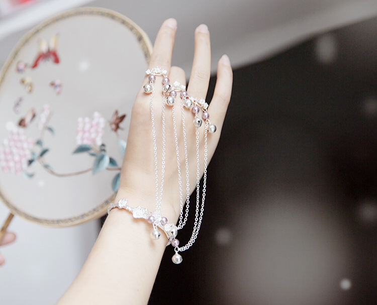 梦君宸汉服古风手链戒指一体银色铃铛浅紫首饰指环套链古风手链 手镯