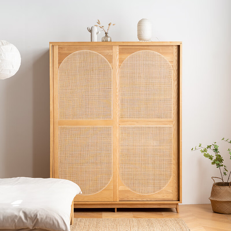 科尔多北欧日式实木衣柜白蜡木藤编家用卧室收纳储物原木风大衣柜稻谷