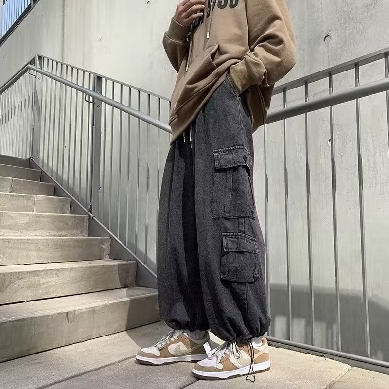 楠子汉oversize裤子男款宽松大码美式黑色束脚直筒工装牛仔裤阔腿灯笼