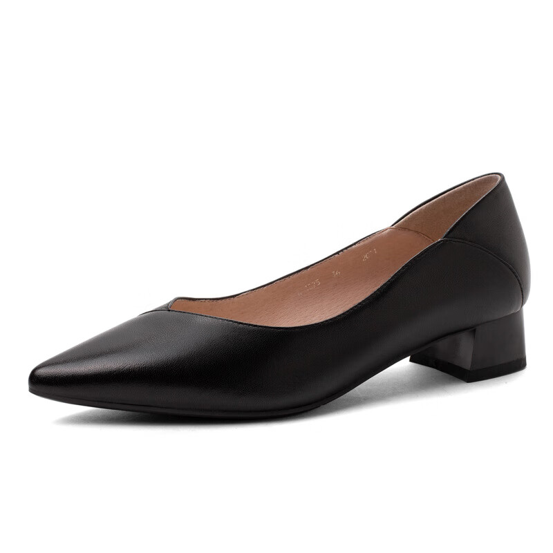 麦迪传奇新上市粗跟单鞋女中跟黑色职业工作真牛皮鞋百搭上班软底