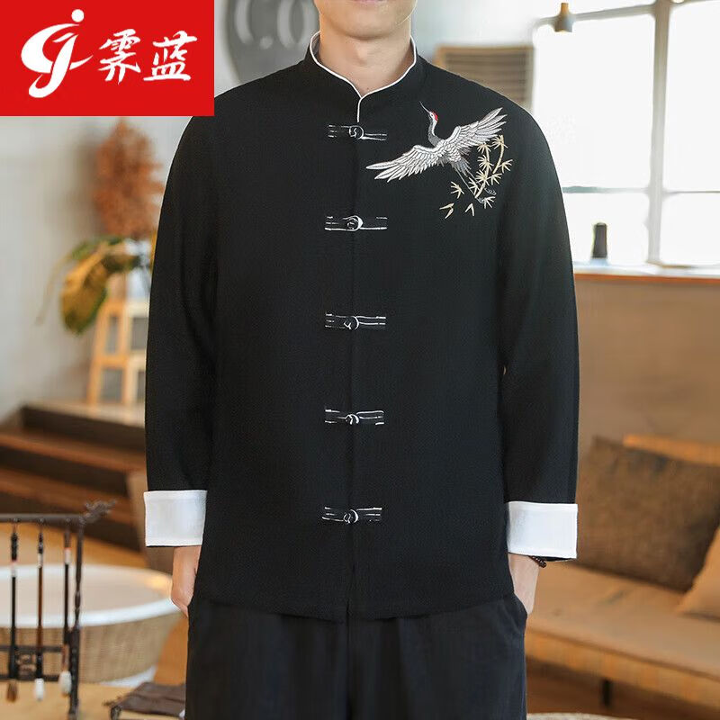 霁蓝中式改良唐装亚麻长袖衬衫男中国风红色盘扣衬衣复古仙鹤刺绣汉服 黑色 M怎么看?