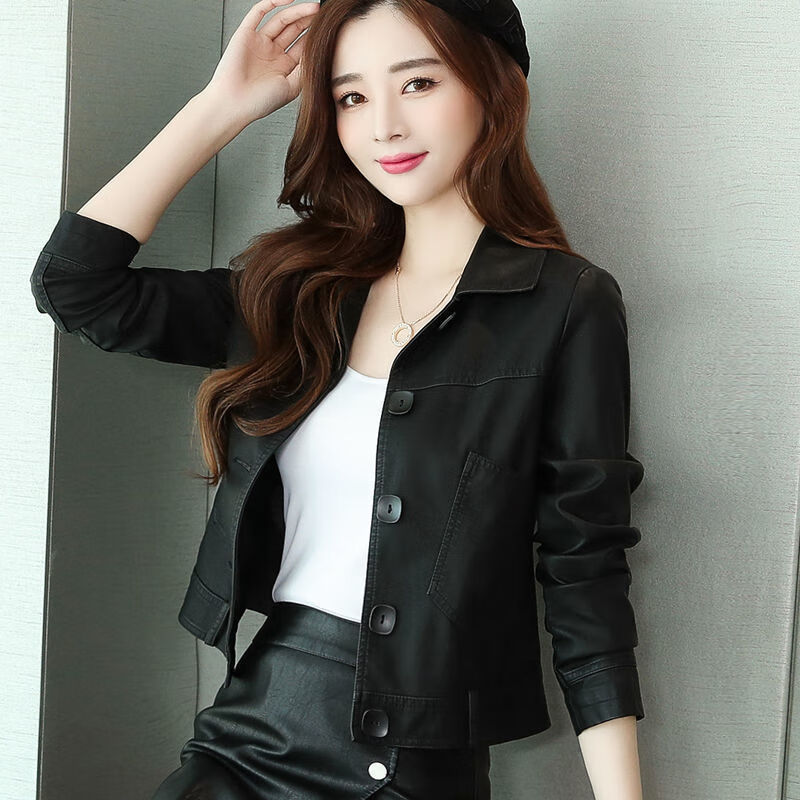 lanweifeilei皮衣外套女春秋新款皮衣女女装宽松短款水洗pu皮夹外套