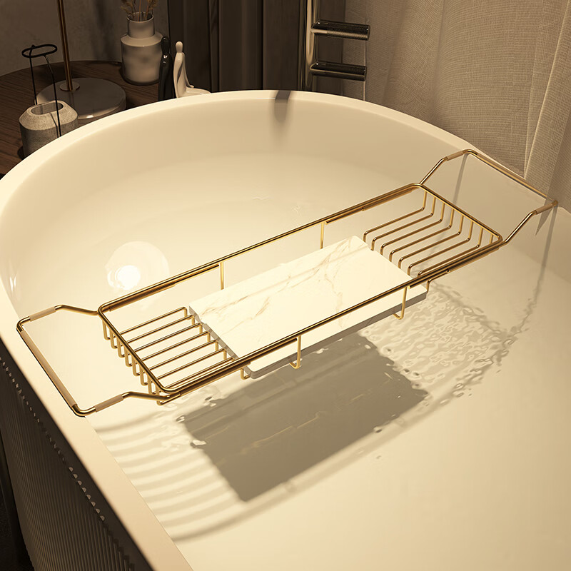 BGL浴缸置物架长方形可伸缩多功能卫生间泡澡浴室架沐浴落地收纳支架 金色可伸缩置物架/白色大理石