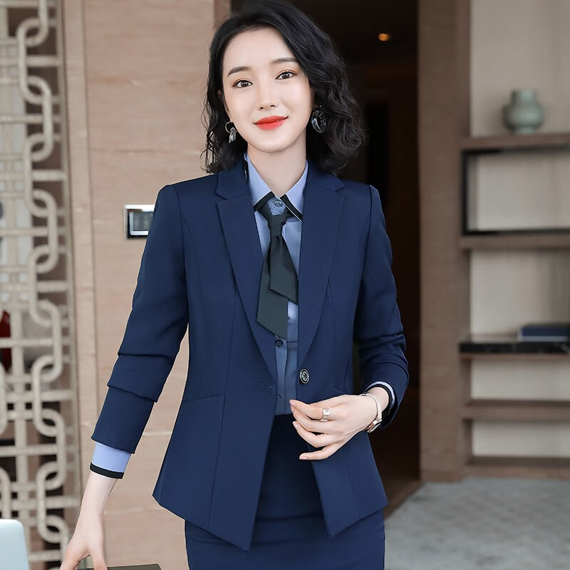 修身职业装女装套装新款气质套裙套裤正装工作服 藏蓝色西装-单件 s