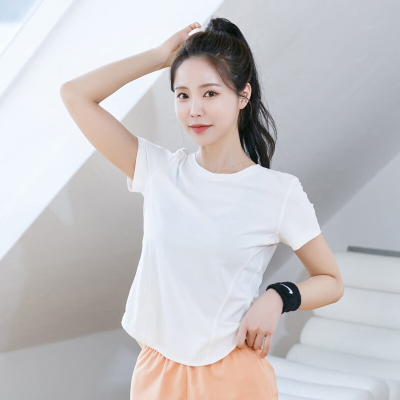 运动t恤女士夏季短袖瑜伽服上衣健身房跑步速干衣宽松训练半袖 纯白色