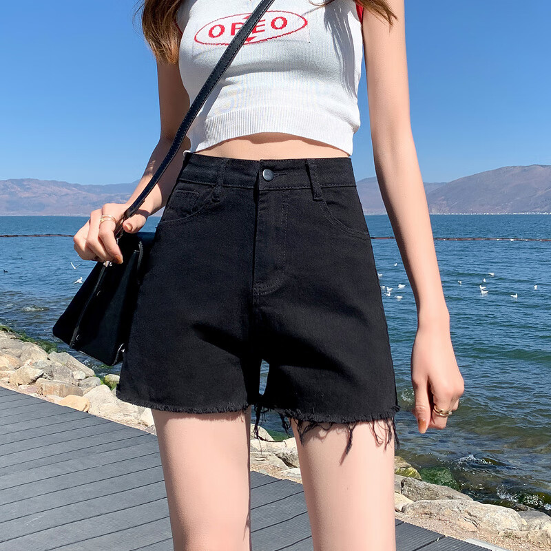 bicify三分牛仔裤女黑色短裤夏高腰a字薄款小个子牛仔热裤超短辣妹